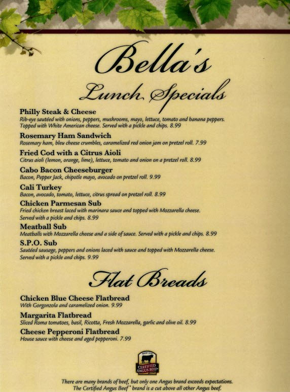 Lunch and Dinner Menus from Bella’s Italian Pizza Place in Banner Elk